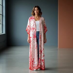 SIGAL Miami Maxi Kimono Cover Up Red White Floral Polka Dot Resort One Size